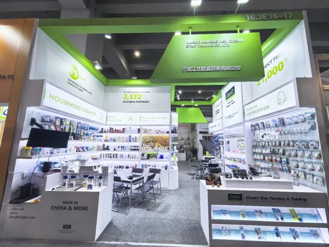 Ocean Star Booth 16.3 D28 E16-17 — sample placement on the display walls before the doors open.